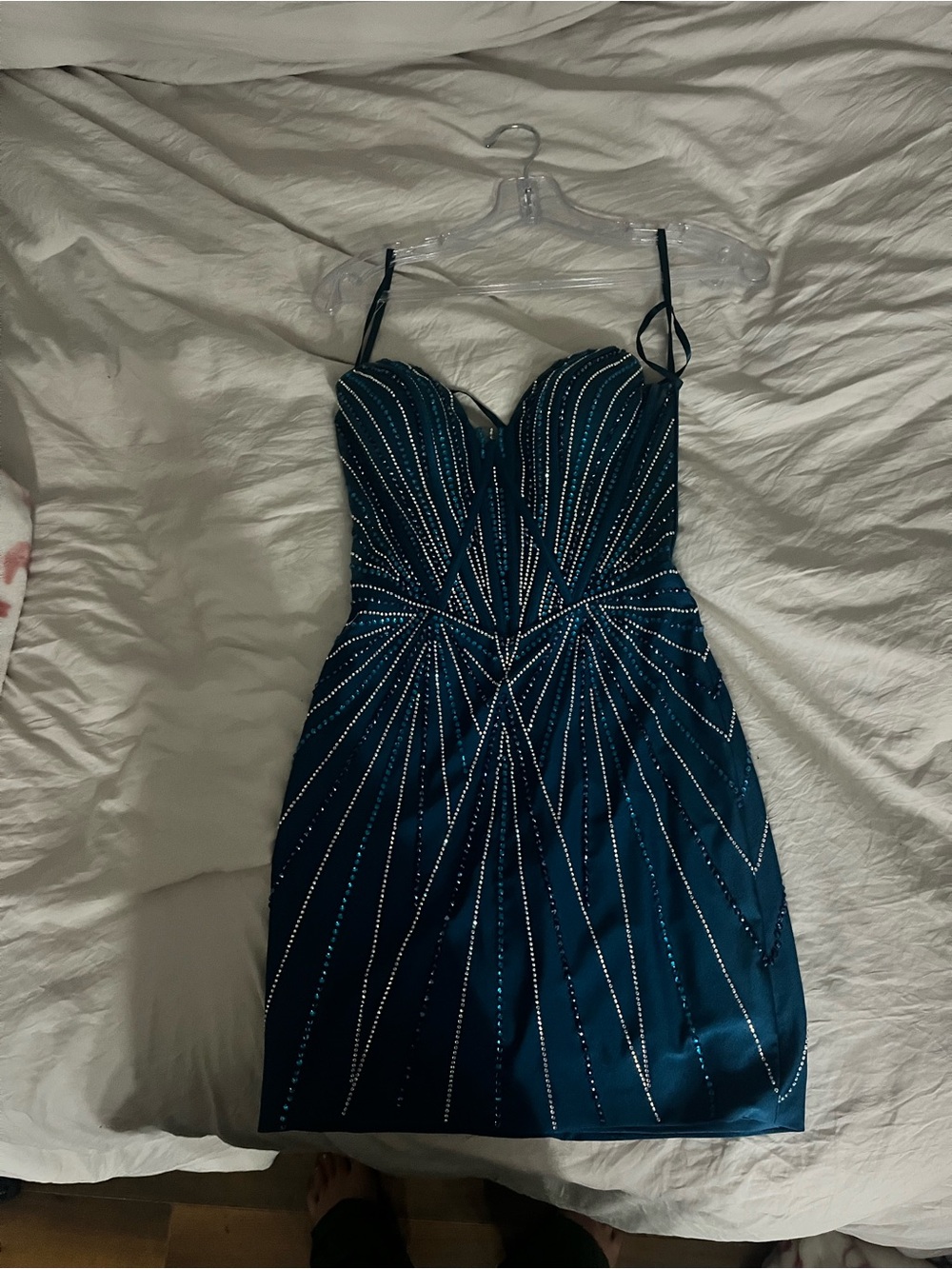 Teal Beaded Mini Dress strapless/ spaghetti strap